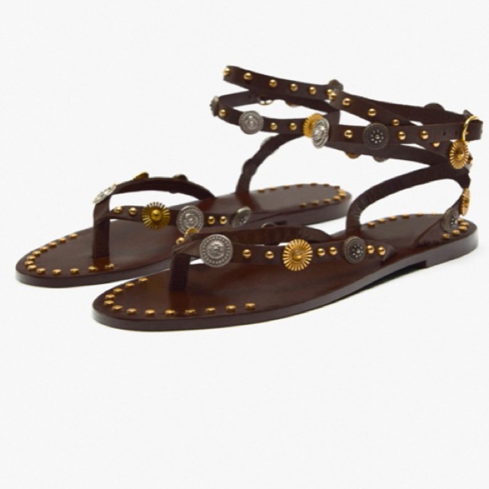 Zara Brown leather Embellished Sandals. NWT. Size 6/36.